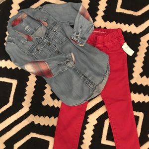 Red Legging Jeans with Denim Shirt.